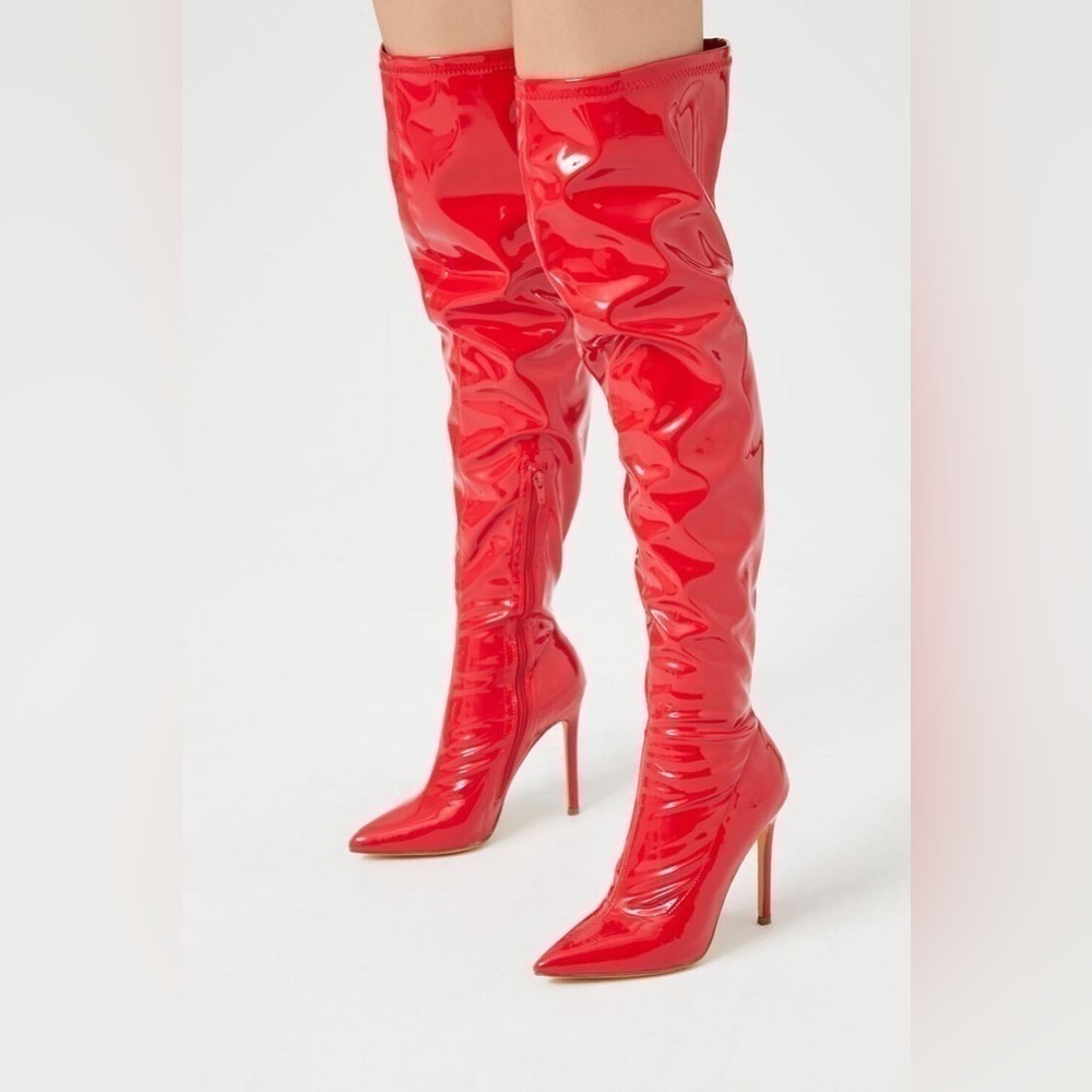 Red Faux Patent Leather Pointed Boots - Picture 4 of 8